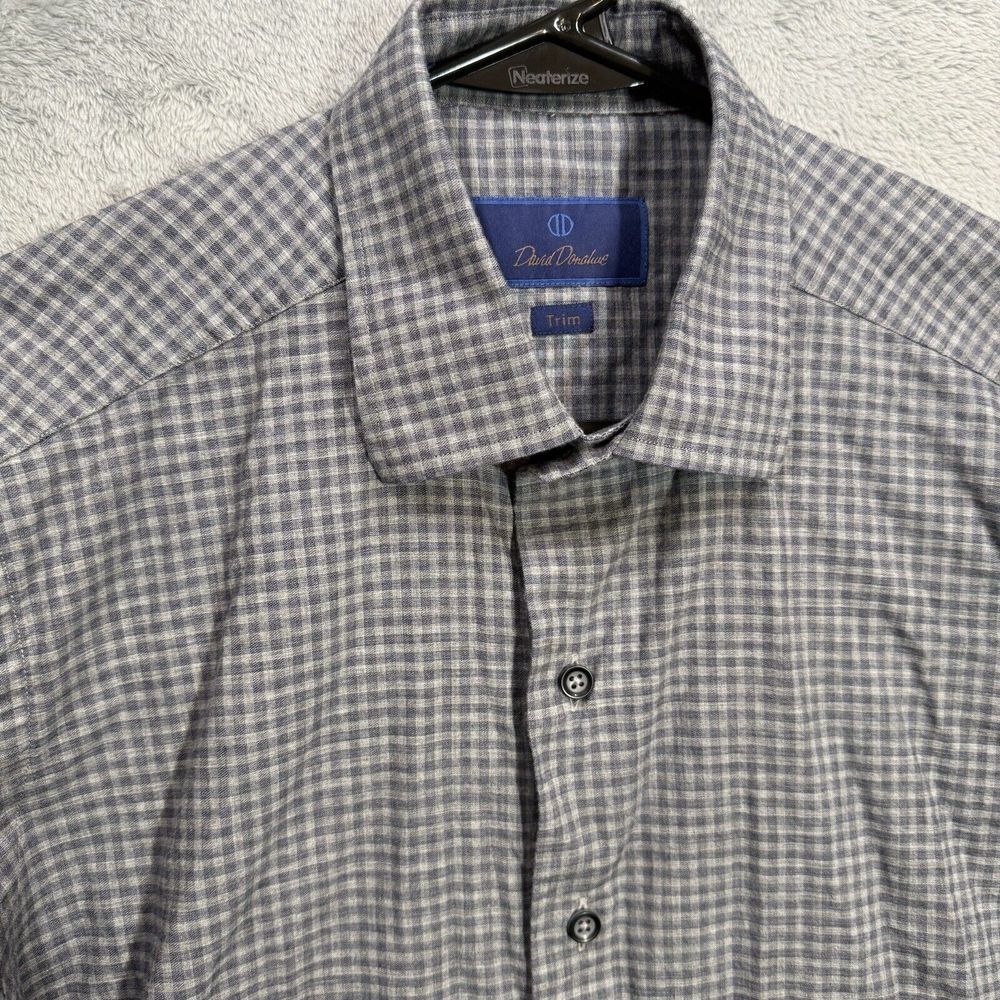 David‎ Donahue Trim Dress Shirt Men 15.5 34/35 Gray Gingham Check Cotton